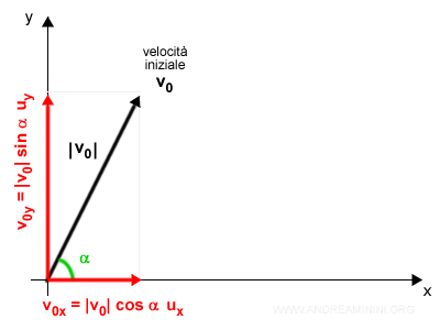 la velocità iniziale suddivisa nelle componenti x e y