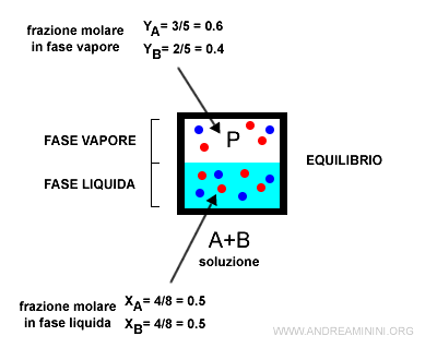 le frazioni molari in fase vapore sono diverse da quelle in fase liquida