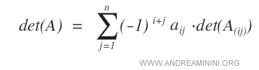 la formula per calcolare il determinante della matrice con lo sviluppo di Laplace per righe