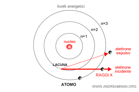 l'impatto strappa l'elettrone dall'orbita interna dell'atomo lasciandosi dietro un posto vuoto o lacuna