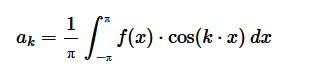 $$ a_k = \frac{1}{π} \int_{-π}^π f(x) \cdot\cos (k \cdot x) \: dx $$