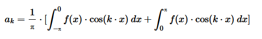 $$ a_k = \frac{1}{π} \cdot [ \int_{-π}^0 f(x) \cdot \cos (k \cdot x) \: dx + \int_{0}^π f(x) \cdot \cos (k \cdot x) \: dx ] $$