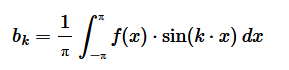 $$ b_k = \frac{1}{π} \int_{-π}^π f(x) \cdot\sin (k \cdot x) \: dx $$