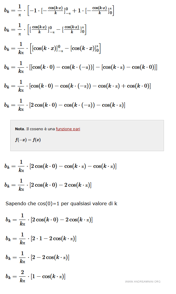 $$ b_k = \frac{1}{π} \cdot \begin{bmatrix} -1 \cdot [ - \frac{\cos (k \cdot x)}{k} ]_{-π}^0 + 1 \cdot [ - \frac{\cos (k \cdot x)}{k} ]_{0}^π \end{bmatrix} $$ $$ b_k = \frac{1}{π} \cdot \begin{bmatrix} [ \frac{\cos (k \cdot x)}{k} ]_{-π}^0 -[ \frac{\cos (k \cdot x)}{k} ]_{0}^π \end{bmatrix} $$ $$ b_k = \frac{1}{kπ} \cdot \begin{bmatrix} [ \cos (k \cdot x) ]_{-π}^0 - [ \cos (k \cdot x) ]_{0}^π \end{bmatrix} $$ $$ b_k = \frac{1}{kπ} \cdot \begin{bmatrix} [ \cos (k \cdot 0) - \cos (k \cdot (-π)) ] - [ \cos (k \cdot π) - \cos (k \cdot 0) ] \end{bmatrix} $$ $$ b_k = \frac{1}{kπ} \cdot \begin{bmatrix} \cos (k \cdot 0) - \cos (k \cdot (-π)) - \cos (k \cdot π) + \cos (k \cdot 0) \end{bmatrix} $$ $$ b_k = \frac{1}{kπ} \cdot \begin{bmatrix} 2 \cos (k \cdot 0) - \cos (k \cdot (-π)) - \cos (k \cdot π) \end{bmatrix} $$ Nota. Il coseno è una funzione pari $$ f(-x)=f(x) $$ $$ b_k = \frac{1}{kπ} \cdot \begin{bmatrix} 2 \cos (k \cdot 0) - \cos (k \cdot π) - \cos (k \cdot π) \end{bmatrix} $$ $$ b_k = \frac{1}{kπ} \cdot \begin{bmatrix} 2 \cos (k \cdot 0) - 2 \cos (k \cdot π) \end{bmatrix} $$ Sapendo che cos(0)=1 per qualsiasi valore di k $$ b_k = \frac{1}{kπ} \cdot \begin{bmatrix} 2 \cos (k \cdot 0) - 2 \cos (k \cdot π) \end{bmatrix} $$ $$ b_k = \frac{1}{kπ} \cdot \begin{bmatrix} 2 \cdot 1 - 2 \cos (k \cdot π) \end{bmatrix} $$ $$ b_k = \frac{1}{kπ} \cdot \begin{bmatrix} 2 - 2 \cos (k \cdot π) \end{bmatrix} $$ $$ b_k = \frac{2}{kπ} \cdot \begin{bmatrix} 1 - \cos (k \cdot π) \end{bmatrix} $$