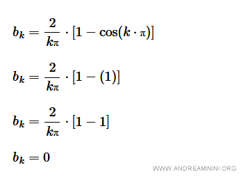 $$ b_k = \frac{2}{kπ} \cdot \begin{bmatrix} 1 - \cos (k \cdot π) \end{bmatrix} $$ $$ b_k = \frac{2}{kπ} \cdot \begin{bmatrix} 1 - (1) \end{bmatrix} $$ $$ b_k = \frac{2}{kπ} \cdot \begin{bmatrix} 1 - 1 \end{bmatrix} $$ $$ b_k = 0 $$.