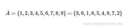 $$ A = \{ 1,2,3,4,5,6,7,8,9 \} = \{3,6,1,8,5,4,9,7,2 \} $$