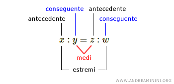 i termini antecedenti, conseguenti, medi ed estremi della proporzione