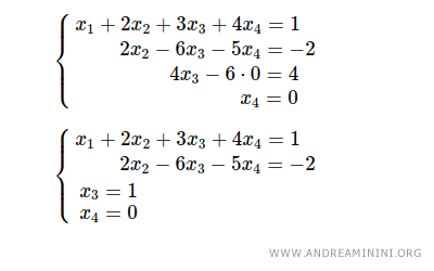  \begin{cases} x_1 + 2x_2 +3x_3+4x_4 = 1 \\ 2x_2-6x_3-5x_4 = -2 \\ 4x_3- 6 \cdot 0 = 4 \\ x_4 = 0 \end{cases}