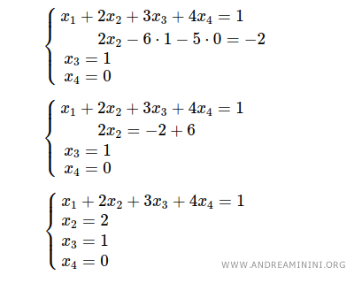 $$ \begin{cases} x_1 + 2x_2 +3x_3+4x_4 = 1 \\ 2x_2-6 \cdot 1-5 \cdot 0 = -2 \\ x_3 = 1 \\ x_4 = 0 \end{cases} $$