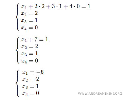 $$ \begin{cases} x_1 + 2x_2 +3x_3+4x_4 = 1 \\ 2x_2-6x_3-5x_4 = -2 \\ x_3 = 1 \\ x_4 = 0 \end{cases} $$