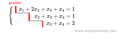 $$ \begin{cases} x_1+ 2x_2+x_3+x_4 = 1 \\ x_2+x_3+x_4=1 \\ x_3+x_4=2 \end{cases} $$