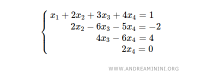 \begin{cases} x_1 + 2x_2 +3x_3+4x_4 = 1 \\ 2x_2-6x_3-5x_4 = -2 \\ 4x_3- 6x_4 = 4 \\ 2x_4 = 0 \end{cases}