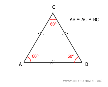 ogni angolo del triangolo equilatero ha un'ampiezza di 60°